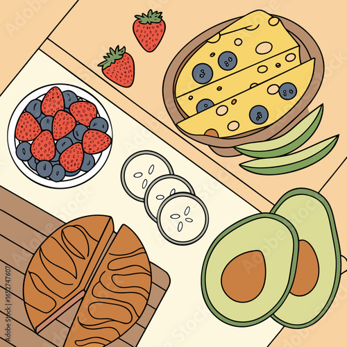 A delightful overhead view of a healthy breakfast spread featuring fresh fruits cheese and avocado