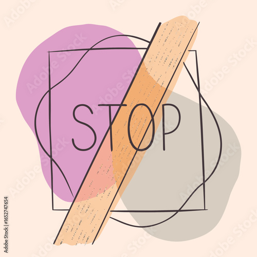 Abstract artistic illustration featuring the word stop with a diagonal line crossing it and organic shapes