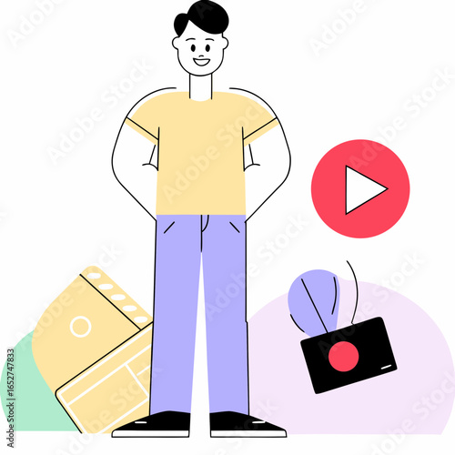 Creative young man with film production equipment and play button symbolizing video content creation