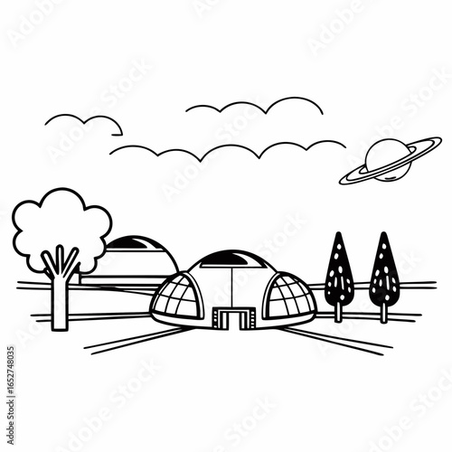 Futuristic geodesic dome homes with a saturn planet and clouds in a simple line art style