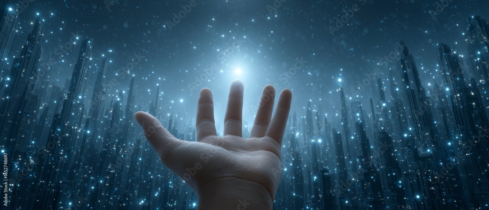 Hand releasing digital pixel into the happy sky futuristic cyberpunk environment gigapixel standard Hand releasing digital pixel into the happy sky futuristic cyberpunk environment gigapixel standard