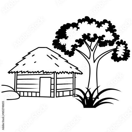 Simple black and white line drawing of a thatched roof hut next to a large leafy tree in a natural setting