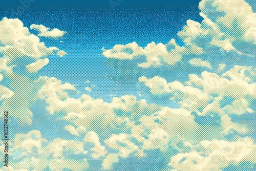 Pixelated cloudscape. A vibrant, pixelated view of a partly cloudy sky.  Soft, pastel colors depict fluffy, cumulus clouds against a vibrant blue sky. 