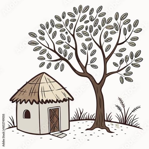 Whimsical illustration of a thatched roof hut nestled under a large leafy tree in a simple landscape