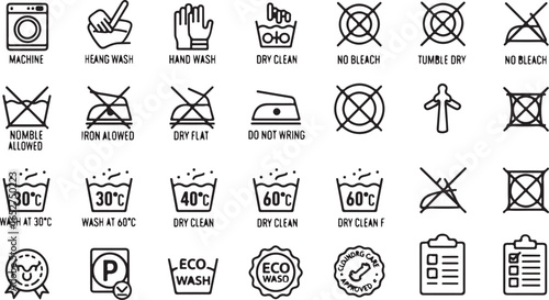 Vector art of collection of laundry care symbols and washing instruction icons isolated on white background, including washing machine, hand wash, bleach, ironing, and drying symbols