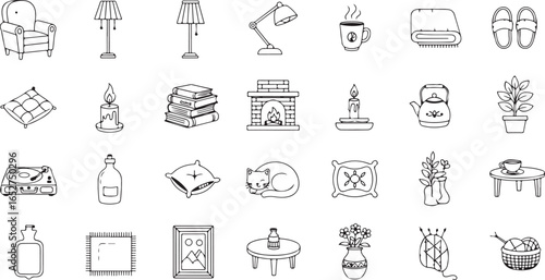 Vector art of collection of cozy home interior elements and objects, isolated on white background, including furniture, lighting, decor, and personal items, perfect for lifestyle and comfort themes
