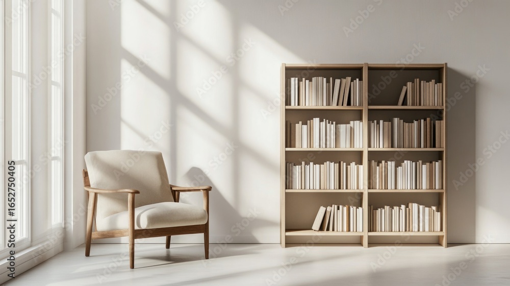 Fototapeta premium Empty chair next to a bookshelf in bright sunlight
