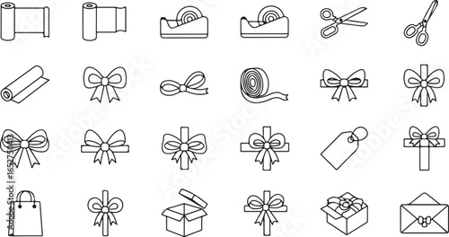 Vector art of collection of gift wrapping icons including paper rolls, scissors, tape dispensers, bows, gift tags, shopping bags, boxes, and envelopes, isolated on white background