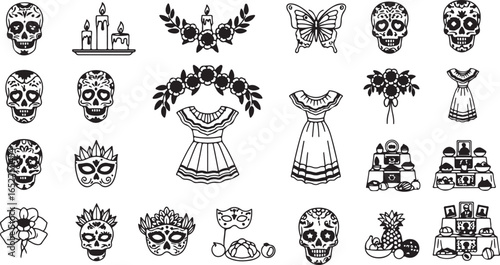 Vector art of collection of day of the dead icons including sugar skulls, flowers, candles, butterfly, dresses, masks, and altars, isolated on white background