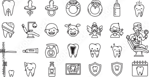 Vector art of collection of cute handdrawn dental icons and illustrations, including teeth, dentist tools, happy children, and medical symbols, isolated on a white background