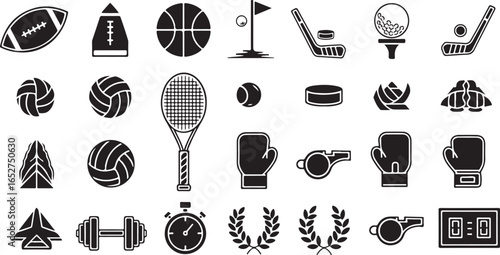 Vector art of collection of sports icons and symbols, including balls, rackets, gloves, whistles, and trophies, isolated on a white background