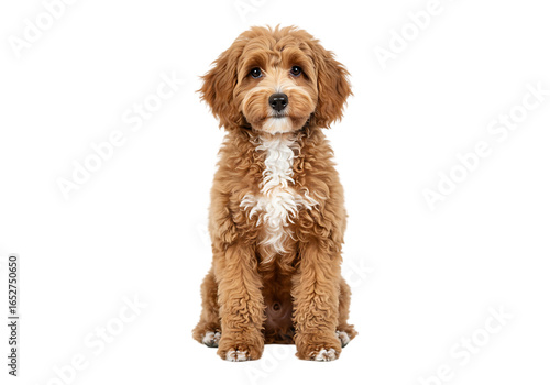 Cute brown poodle dog sitting and looking forward isolated on transparent background