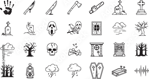 Halloween Horror Icons Set – Skull, Ghost Face, Gravestones, Coffins, and Spooky Trees Vector Illustration