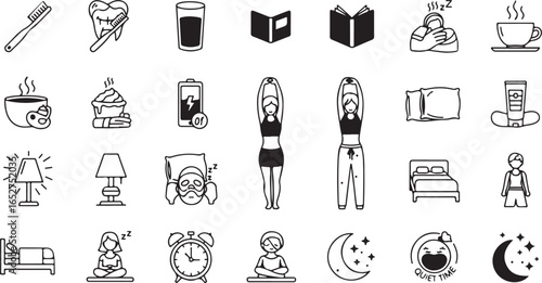 Vector art of collection of daily routine icons, including hygiene, rest, and leisure activities, isolated on white background