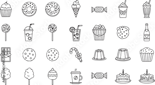 Vector art of a collection of sweet treats and desserts, including cupcakes, donuts, ice cream cones, lollipops, candy canes, cookies, cakes, and more, all isolated on a white background