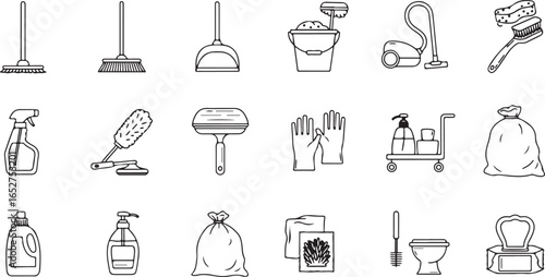 A collection of cleaning service line icons, featuring brooms, mops, dustpans, vacuum cleaners, spray bottles, gloves, and various cleaning tools.