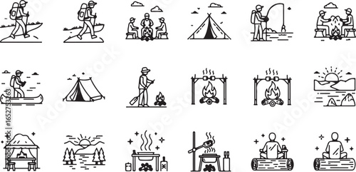 Vector art of collection of outdoor adventure and camping icons, including hiking, fishing, and campfire scenes, isolated on a white background