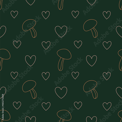 Cozy seamless pattern with mushrooms and hearts