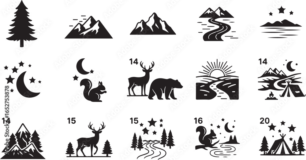 Naklejka premium A collection of outdoor adventure and nature-themed icons in a black and white silhouette style, featuring mountains, forests, wildlife, and camping scenes.