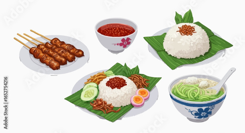 Vibrant collection of delicious traditional Southeast Asian cuisine. Popular dishes like grilled skewers, coconut rice, and flavorful noodle soup, showcasing rich culinary heritage.