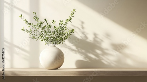 Simple vase with green branches on a wooden shelf