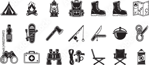 Camping and Outdoor Adventure Icons Set – Tent, Campfire, Backpack, Hiking Boots, Map, Fishing, Axe, Lantern, First Aid Kit, and Survival Gear Vector Illustration