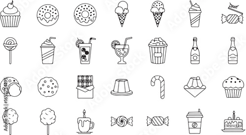 Vector art of collection of sweet food and drink icons, including cupcakes, donuts, ice cream, cocktails, coffee, and candy, isolated on white background