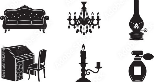 Vector art of collection of antique furniture and decorative items, including a sofa, chandelier, oil lamp, writing desk with chair, candlestick, and perfume bottle, isolated on white background