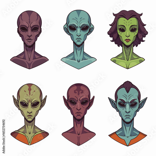 Collection of Stylized Alien Headshots Displaying Diverse Extraterrestrial Species and Features