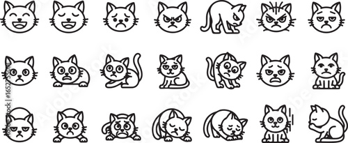 Vector art of collection of cat emoticons showing various emotions and actions, isolated on white background