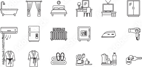 Vector art of collection of hotel room amenities and furniture icons, including bathtub, bed, wardrobe, hairdryer, coffee maker, and more, isolated on white background