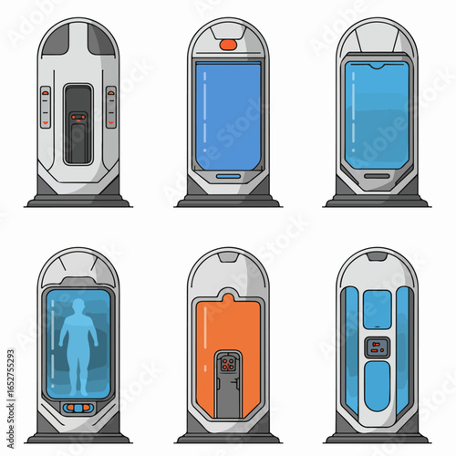 Set of Futuristic Sci-Fi Cryogenic Pods and Medical Chambers Illustrations