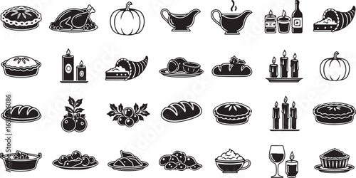 Vector art of collection of thanksgiving food icons isolated on white background, including turkey, pie, pumpkin, gravy, bread, wine, and candles, representing a festive harvest meal