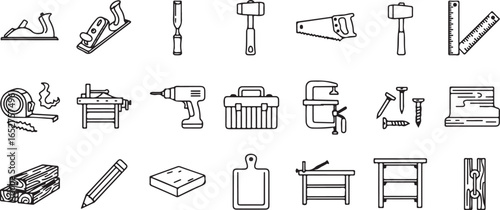Vector art of collection of woodworking and carpentry tools, isolated on white background