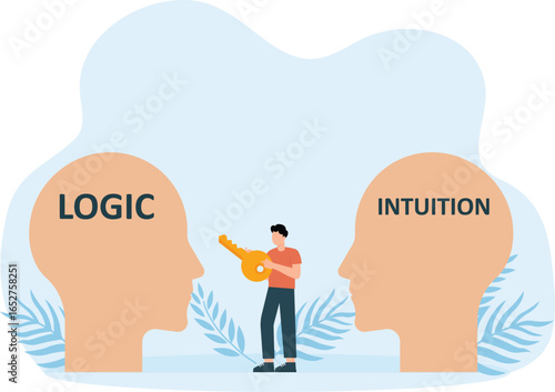 Decide direction between Intuition or logic. Choice way and Decision business metaphor concept
