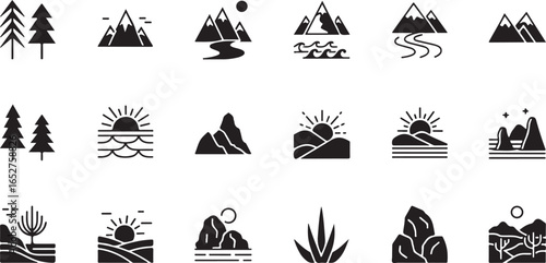 Vector art of collection of minimalist black and white icons depicting various mountain landscapes, including peaks, hills, trees, rivers, and sunrises, isolated on a white background