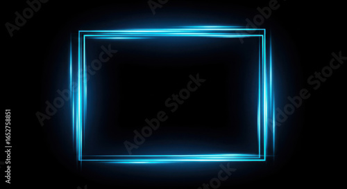 Glowing Blue Neon Square Frame With Light Streaks On Black image photo