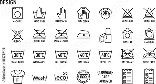 Vector art of collection of laundry care symbols and washing instructions, including temperature, drying, ironing, and cleaning symbols, isolated on white background