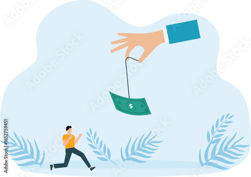 Businessman running catches a dollar placed on a hook, active income concept

