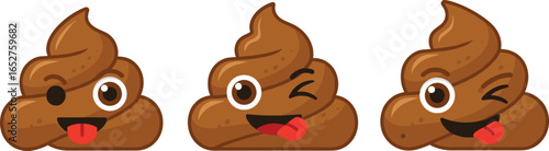 Cute poop emoji, funny turd cartoon, winking brown poop, playful feces icon, smiling emoji face, silly tongue out, happy poop expression, cartoon doodle sticker art