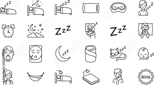 A collection of black and white line icons for sleep, relaxation, and rest, featuring people sleeping, beds, pillows, Zzz symbols, and sleepy faces.