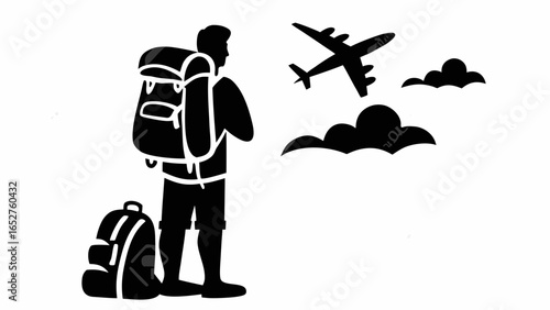 Backpacker Watching Airplane in Sky Wanderlust Them