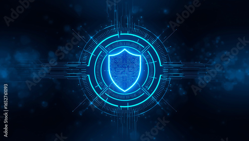 Futuristic glowing blue shield emblem with digital circuit patterns representing cybersecurity and data protection