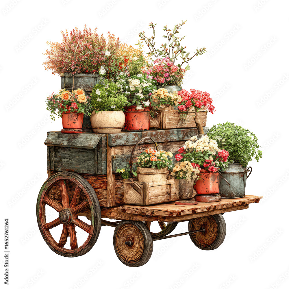 custom made wallpaper toronto digitalA vintage flower cart overflowing with vibrant blooms. Wooden cart with tiered planters filled with colorful flowers, pots and boxes in various shades, sits on wheels. Rustic charm