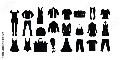 Clothing, fashion icon set. Vector glyph pictograms of shirt, dress, jacket, shoes, handbag, apparel, accessories and wardrobe black silhouette illustration