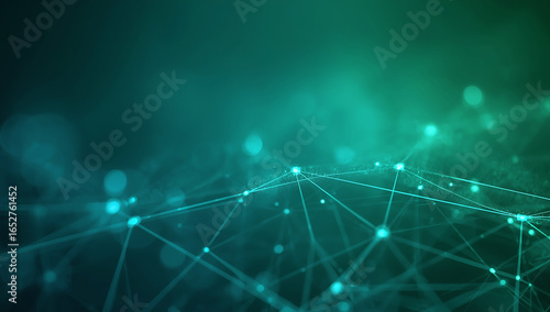 Abstract glowing green network of connected nodes and lines with a dark futuristic background