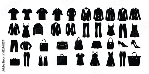 Clothing, fashion icon set. Vector glyph pictograms of shirt, dress, jacket, shoes, handbag, apparel, accessories and wardrobe black silhouette illustration