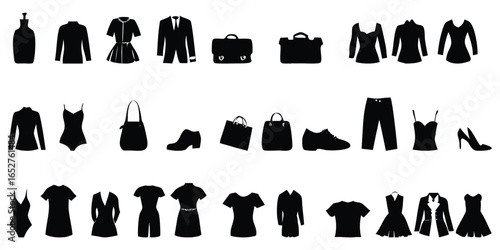 Clothing, fashion icon set. Vector glyph pictograms of shirt, dress, jacket, shoes, handbag, apparel, accessories and wardrobe black silhouette illustration