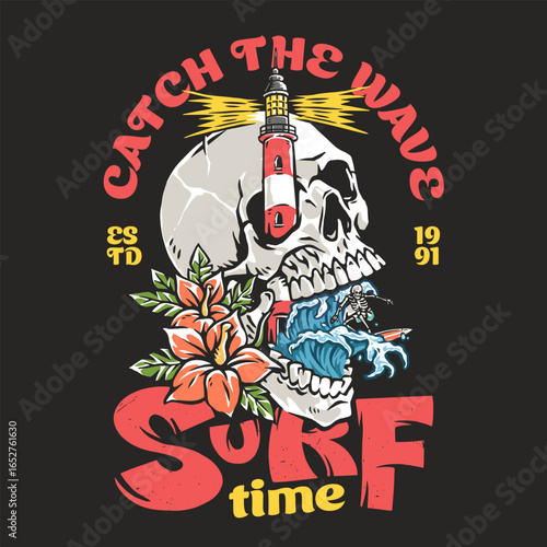 Skull surf design with lighthouse elements