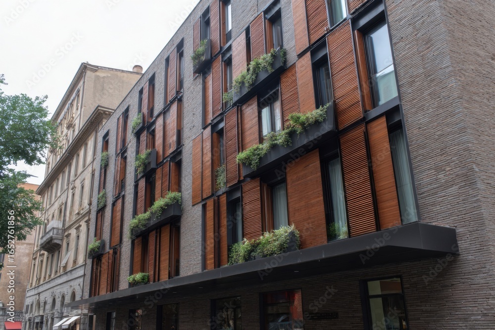Fototapeta premium The contemporary architectural design of this urban building showcases a harmonious blend of lush green plants and rich wood accents, set against the backdrop of a bustling city during daylight hours